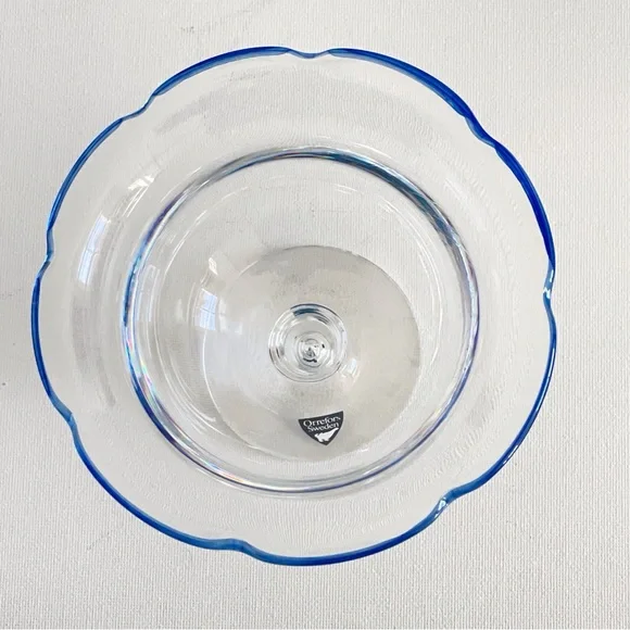 Vintage Orrefors Sweden Crystal Compote Bowl Cobalt Blue Rim Pedestal Dish - Picture 6 of 12